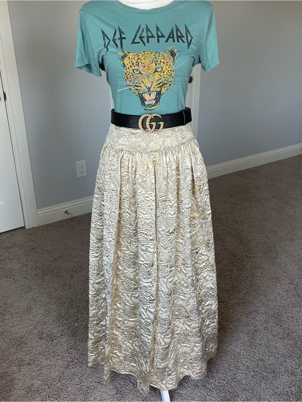 Metallic Cream Embossed Maxi Skirt - Elegant Textured A-Line